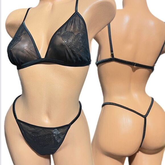 Victorias Secret Bling Rhinestone Heart Sexy sheer mesh bralette & V string L - Picture 1 of 8